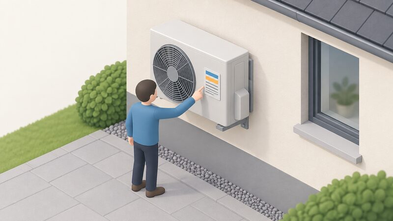 A small isometric figure stands beside an outdoor wall-mounted air source heat pump unit on a house exterior wall, pointing to its rating plate, which is drawn as a small physical label on the unit with blank lines and plain colour bands instead of readable text.