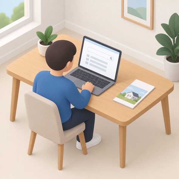 A simplified isometric figure sits at a table with a laptop open to a plain search screen showing blank result lines, checking a specific product model in the MCS Product Directory, with a printed brochure set aside nearby.