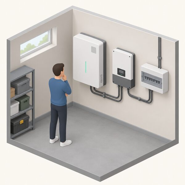 A wall-mounted domestic battery storage unit indoors, shown in a simple utility room setting, with a plain UKCA or CE marking block visible on its casing, connected by cabling toward an inverter and consumer unit, with no MCS certification implied.