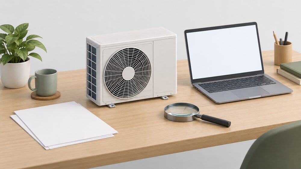 A small model of an air source heat pump unit stands on a desk beside a laptop with a blank screen, a few blank sheets of paper and a magnifying glass, suggesting a householder checking a specific model's certification listing.