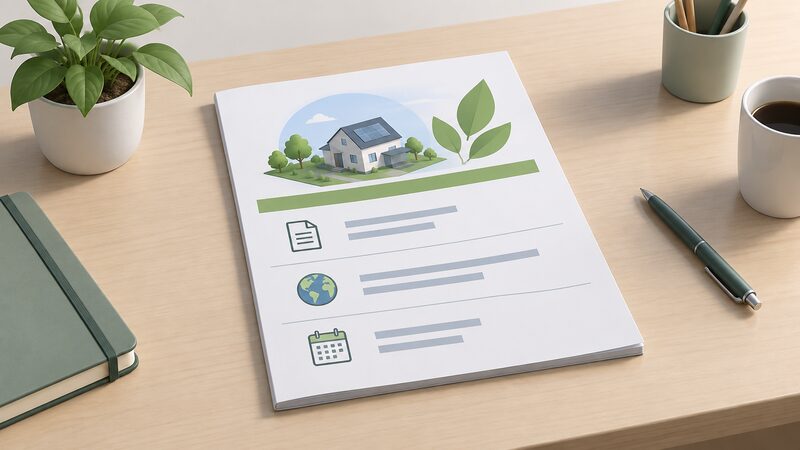 A printed Environmental Product Declaration document lying on a plain desk, its cover page showing blank line blocks for the registration number, programme name, declared scope and validity dates, with no readable words or figures.