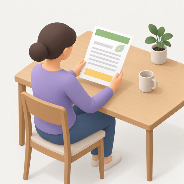 A householder at a kitchen table holding a printed environmental declaration sheet, checking the expiry date shown as a highlighted block near the bottom of the page, with blank lines and plain colour bands standing in for all other content.