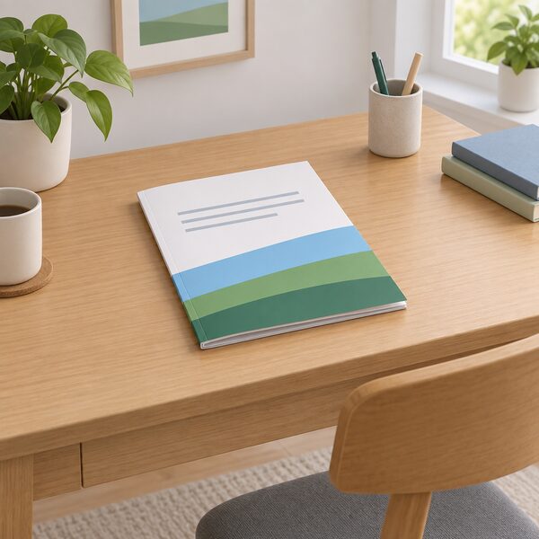 A printed company environmental report lying closed, or slightly open, on a wooden desk beside a chair, with a plain cover showing only blank colour bands and blank lines, in a home setting where a householder could pick it up and read it.