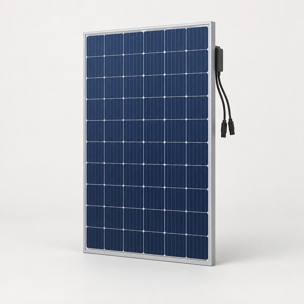 A single solar PV module standing upright on a plain floor, shown face-on with its dark blue cells, aluminium frame and junction box on the rear edge, with no labels, documents or other equipment nearby.