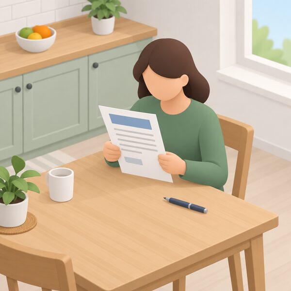 A simplified householder standing at a kitchen table holding a printed declaration document with blank lines and plain blocks, reading it closely, with a pen resting on the table beside the sheet before signing.
