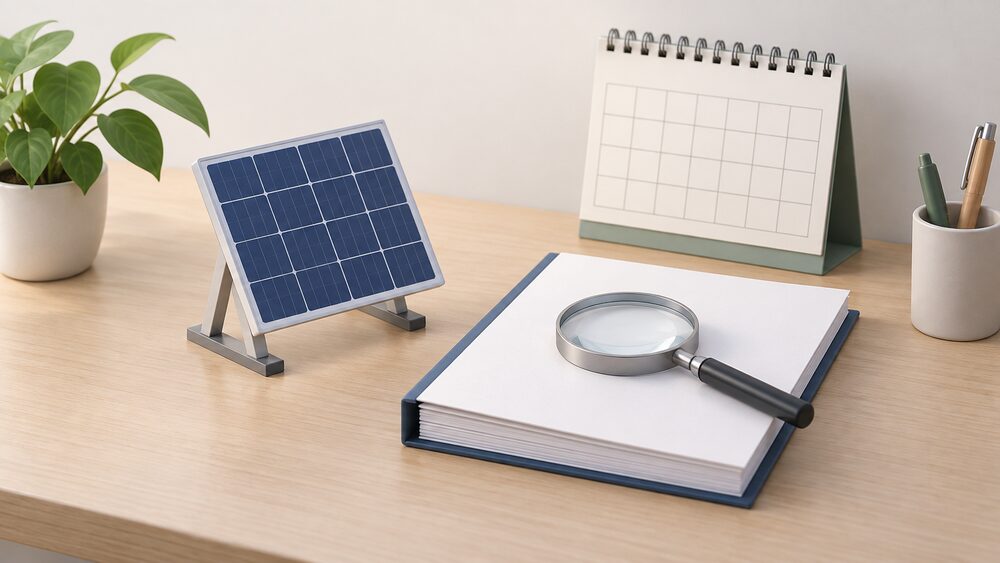 A small model solar panel standing on a desk beside a thick bound document with blank pages, a magnifying glass resting on it, and a wall calendar behind, suggesting a householder checking a verified environmental declaration about the panel.