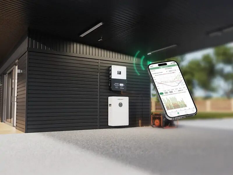 A LuxPower solar inverter and battery mounted on a dark modern house wall with a floating smartphone showing a monitoring app