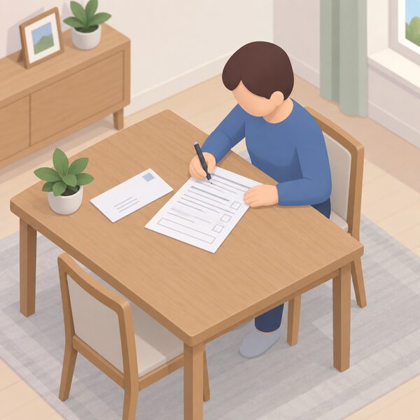 A printed guarantee document lying flat on a household table beside a pen and an unposted registration envelope, its blank lines and empty boxes waiting to be filled in, with a simplified isometric figure seated at the table completing the registration form.