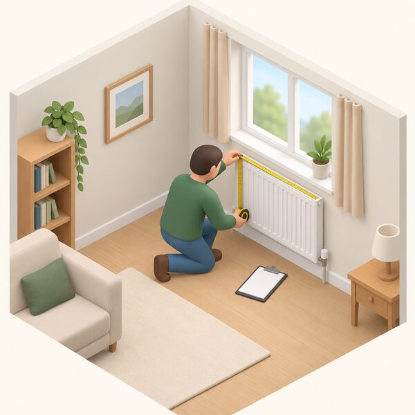A simplified isometric figure with a tape measure kneels beside a wall radiator in an ordinary furnished room, measuring its height and length, with a clipboard resting nearby, showing a room-by-room heat loss assessment in progress.