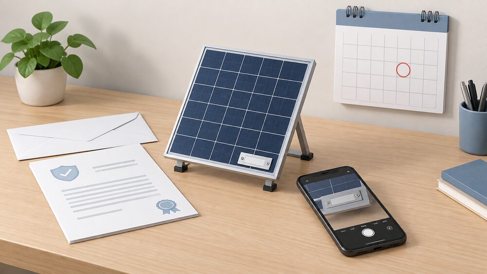 A small rooftop solar panel model stands on a table beside a folded guarantee document, a blank envelope, and a phone lying face up as if photographing the panel's serial plate, with a wall calendar behind showing a circled date.