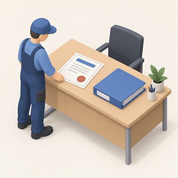 A printed accreditation certificate lying on an office desk, bearing an official round stamp and plain colour bands instead of readable text, beside a folder of training records, with a simplified isometric installer figure standing nearby having just placed it there.