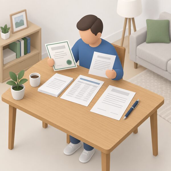 A simplified figure sits at a home table comparing a certificate and loose paperwork sheets against a printed register listing, with a contract form and pen laid ready, pausing before signing.