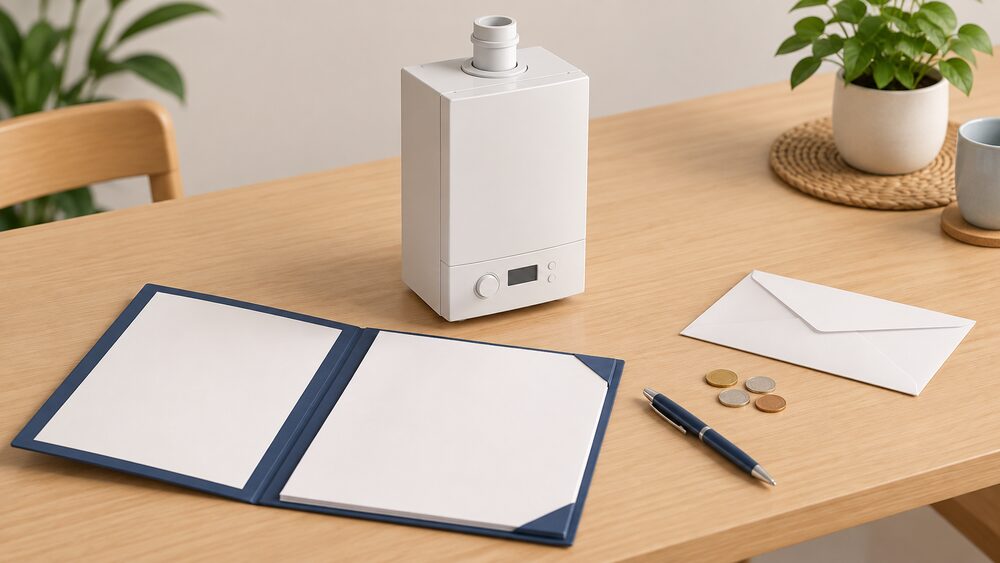 A kitchen table with a blank certificate folder and blank paperwork lying open, a pen resting beside them, a plain envelope and a few coins nearby, and a small unbranded wall boiler model standing at the centre to represent the installation the paperwork concerns.