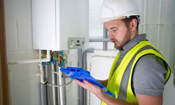 A technician in a hard hat and hi-vis vest checks a clipboard next to a wall-mounted gas boiler