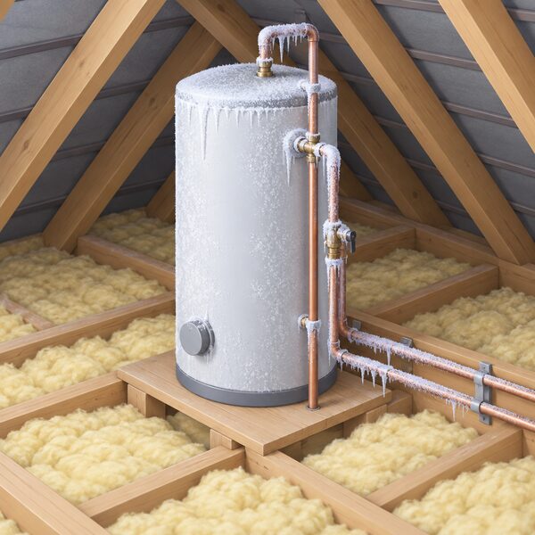 A hot water cylinder standing in an unheated loft, surrounded by cold roof timbers and insulation, with frost forming on its surface and on the connected pipework to show the frost-damage risk that can invalidate a warranty.