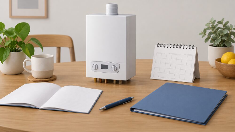 A small model of a wall-hung gas boiler sits on a kitchen table beside a blank service record booklet, a pen, a blank contract folder and a small desk calendar, suggesting the moment a household signs up for an annual service plan.