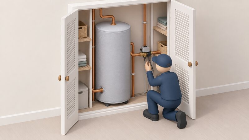 An open airing cupboard with a hot water cylinder wrapped in insulation, connected by copper pipework to a motorised control valve on the flow pipe, while a simplified installer figure kneels beside it inspecting the valve and wiring connections.