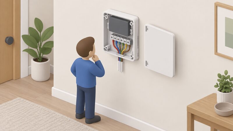 A wall-mounted heating controller with its front cover removed, exposing the terminal connections and wiring inside, mounted on a plain interior wall with a small isometric figure inspecting the open unit.
