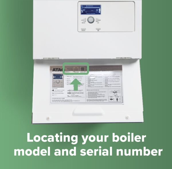 An ATAG boiler with its drop-down panel open showing the data plate, with an arrow highlighting the model and serial number location