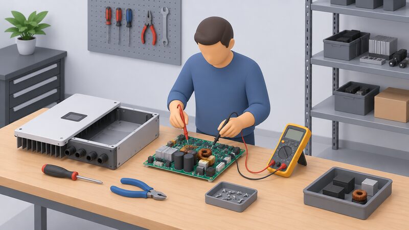 A technician in plain clothing stands at a repair workbench, probing a solar inverter circuit board removed from its casing with a multimeter, with the open inverter enclosure, hand tools and a spare parts shelf nearby in a workshop setting.