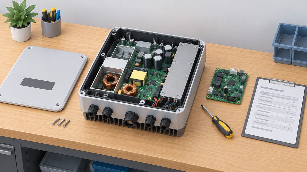 A close-up of a repair bench where a wall-mounted solar inverter with its cover removed is being assessed, with a replacement circuit board part, a screwdriver and a cost-estimate clipboard laid out beside it.
