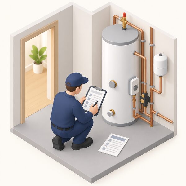 A competent installer, shown as a simplified isometric figure, kneels beside a newly installed hot water cylinder and completes a Benchmark commissioning checklist on a clipboard, with a second copy of the retained form lying on the floor ready to be left with the household.