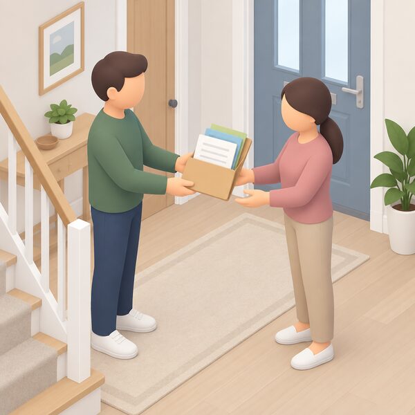 A seller and buyer standing in a home hallway passing a folder of warranty papers, installation certificates and service records between them, with a folder of documents shown as the focus of the handover.