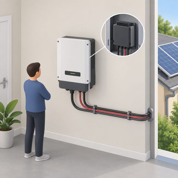 A wall-mounted solar inverter box installed indoors on a plain interior wall, with cabling running from it toward the outside, shown as a simple cutaway so the component most likely to need replacement in a solar array's life is clearly the focus.