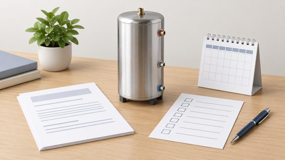 A small stainless steel hot water cylinder model stands on a table beside blank registration paperwork, a blank commissioning checklist sheet, a wall calendar and a pen, representing the documents and deadlines that keep a cylinder warranty valid.