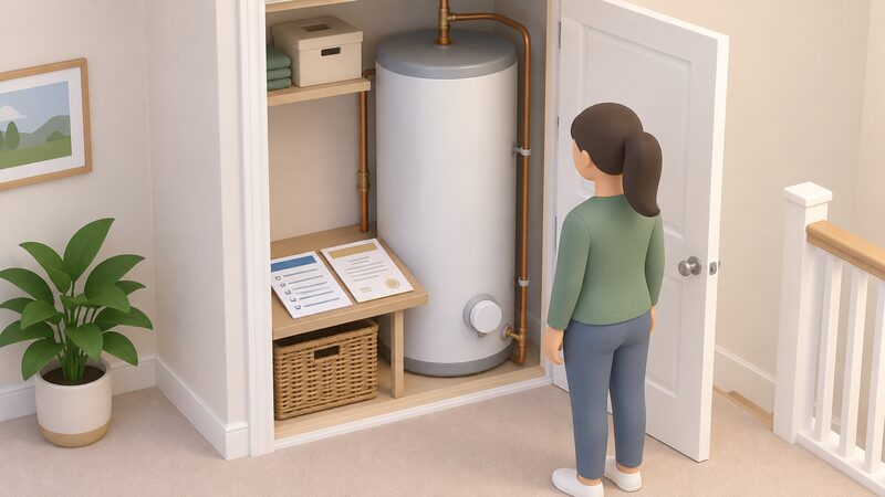 A hot water cylinder stands in a home airing cupboard with a Benchmark commissioning checklist form and a warranty registration record laid on a surface beside it, both shown as physical documents with blank lines and plain blocks instead of readable content.