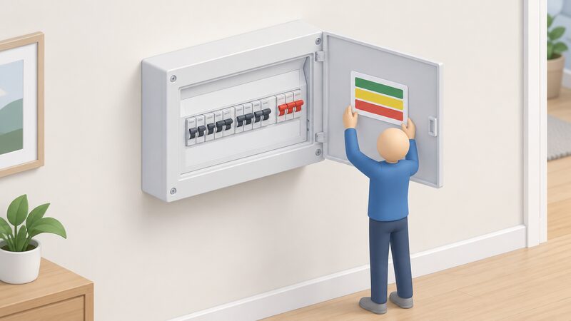 A close-up of a domestic consumer unit mounted on an interior wall, with a small simplified isometric figure affixing a durable blank label carrying plain colour bands to the unit's door, the label supplied with a plug-in solar device.