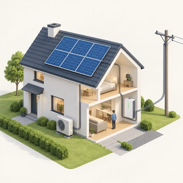A cutaway-style exterior view of a house with solar panels on the roof, an air source heat pump unit beside the wall and a battery on an internal wall, all connected by a cable running to a nearby electricity grid pole, showing the home still linked to the grid.