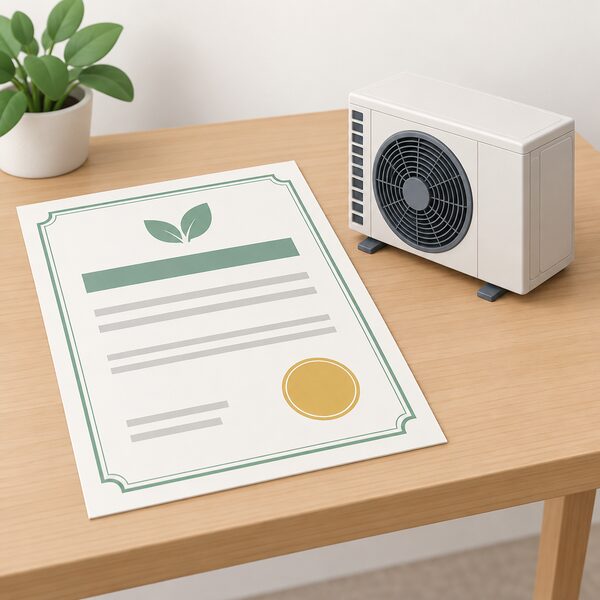 A printed certificate document lying on a desk or table, drawn as a physical sheet with a decorative border, a plain circular seal block, blank lines and plain colour bands where the scheme details would be, beside a small simplified heat pump unit it certifies.