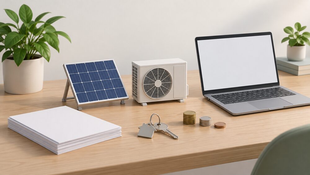 A small model of a rooftop solar panel and a tiny heat pump fan unit sit side by side on a table beside a stack of blank warranty paperwork, a laptop with a blank screen, a house key and a few coins, suggesting a household weighing up who controls its own energy equipment.