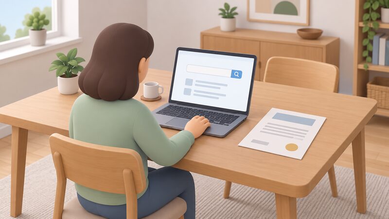 A householder seated at a table at home checks an installer's certification status on a laptop screen showing a plain search page, with a printed certificate document lying beside the laptop, its content shown only as blank lines and plain blocks.