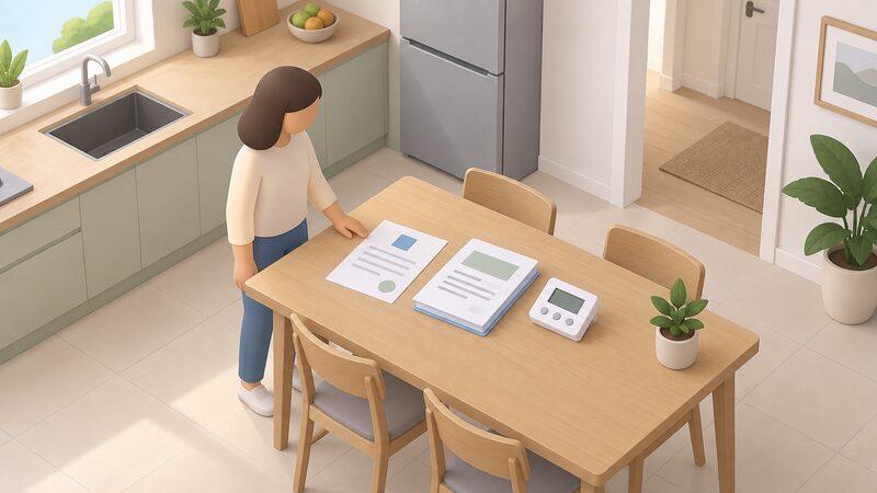 A domestic kitchen table holding a completed MCS certificate and handover pack as physical documents with blank lines and plain blocks, lying beside a wall-mounted heat pump controller, with a simplified isometric figure standing nearby having just set the papers down.