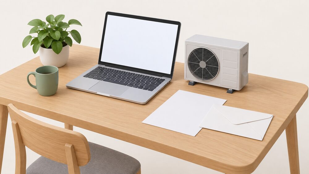 A kitchen table with an open laptop showing a blank screen, a small model of an air source heat pump standing beside it, and a blank certificate document with an envelope, representing a household checking a product listing before a grant application.