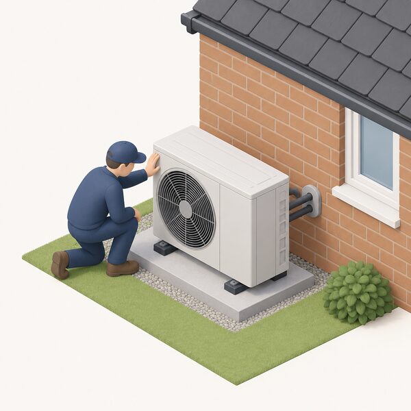 A certified air-source heat pump outdoor unit standing on a level base beside the external wall of a UK house, with a small simplified isometric installer figure in plain clothing kneeling beside it checking the unit before connecting it to the pipework entering the wall.