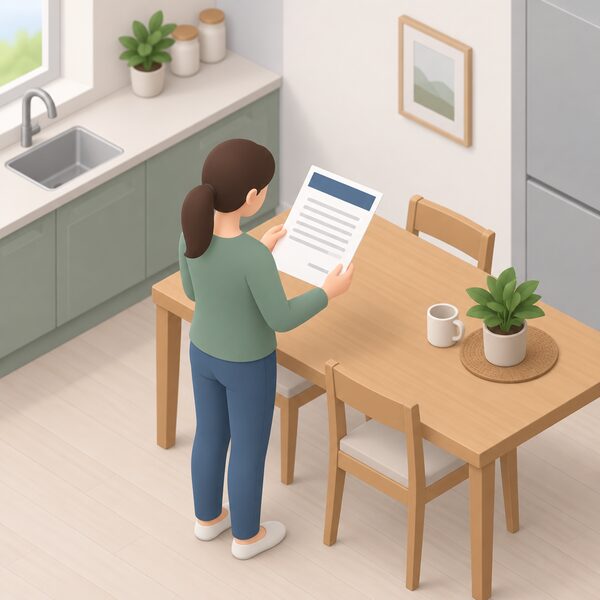 A simplified isometric homeowner standing at a kitchen table holding an MCS installation certificate, a printed document with a plain header band and blank lines, shown as the physical paper a consumer would keep and refer to when raising a complaint about their home installation.