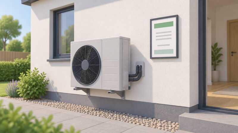 A completed air-source heat pump installation on the outside wall of a house, with its pipework entering the building, and a framed certificate with blank lines and plain colour bands mounted on the wall beside it.