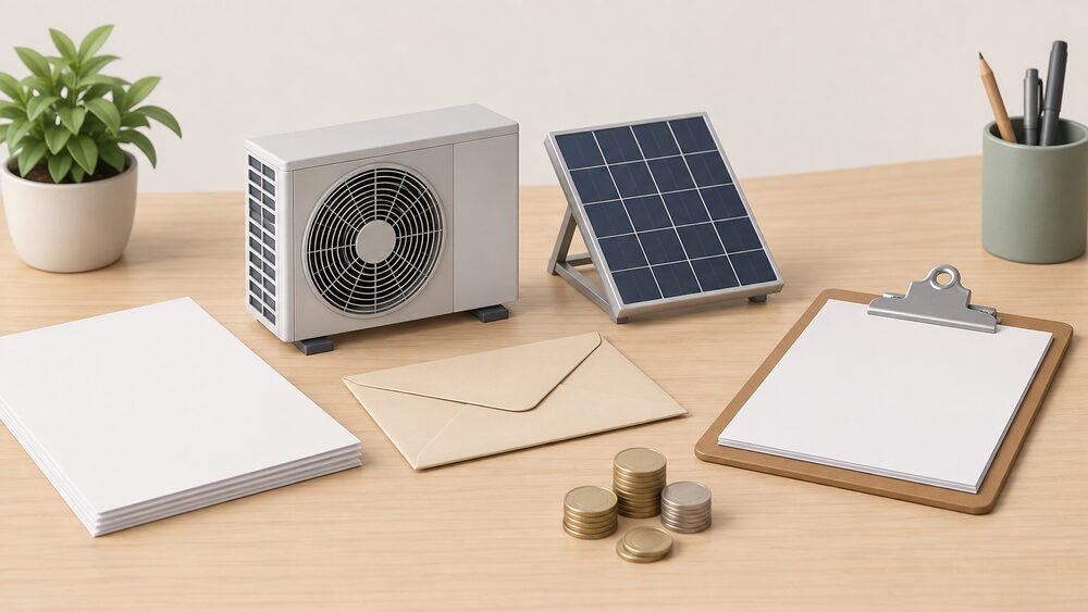 A small model of an air source heat pump fan unit and a miniature solar panel stand on a desk beside blank paperwork, a sealed envelope, a clipboard and a few coins, suggesting the certification and grant paperwork that follows a renewable installation.