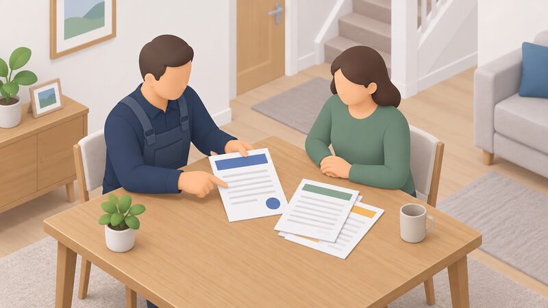 An installer and a householder stand together indoors at a table, the installer pointing to an MCS certificate and a small stack of handover documents laid out, both shown as plain sheets with blank lines and colour bands carrying no readable content.