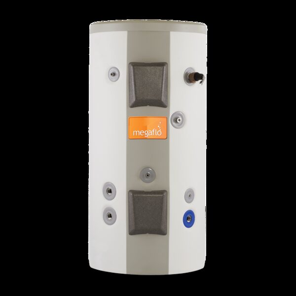 A Megaflo unvented hot water cylinder shown against a plain white background