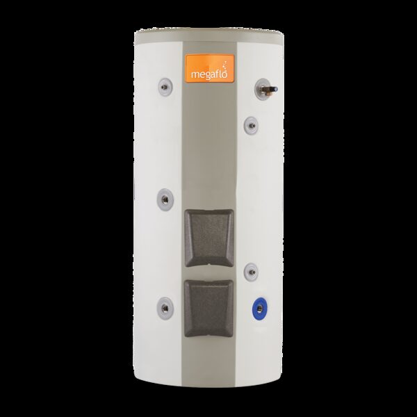 A Megaflo commercial hot water storage cylinder shown against a plain white background