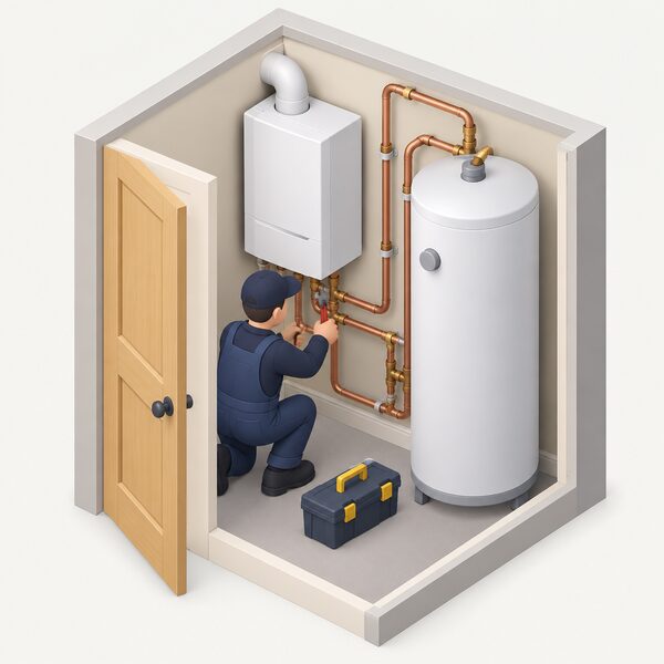 A Gas Safe registered engineer in an airing cupboard setting fits an unvented hot water cylinder beside a wall-mounted gas boiler, connecting the pipework between the two appliances during a combined home installation.