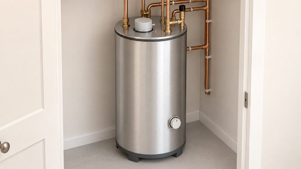 A tall stainless steel unvented hot water cylinder standing centrally in an airing cupboard, shown close up with its insulated body, brass pipework connections at the top, a round immersion heater cap on the upper surface and a temperature control knob, with no boiler or other appliance in view.