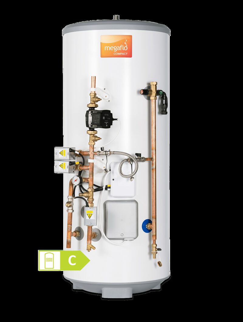 A Megaflo Compact unvented hot water cylinder with front-mounted pipework, valves and controls, shown against a white background