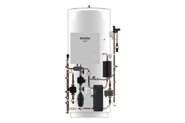 A Mitsubishi Ecodan pre-plumbed hot water cylinder with exposed copper pipework, valves and expansion vessel, shown on a white background