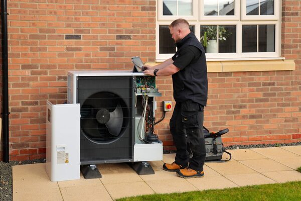 An engineer servicing an open air source heat pump unit outside a brick house