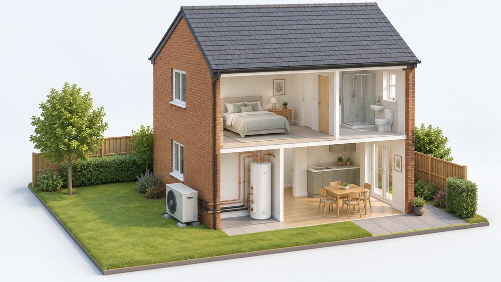 A cutaway of a small UK house showing an Ecodan air-to-water monobloc heat pump unit standing outside on the ground against the rear wall, with pipework passing through the wall to a pre-plumbed hot water cylinder inside the house.
